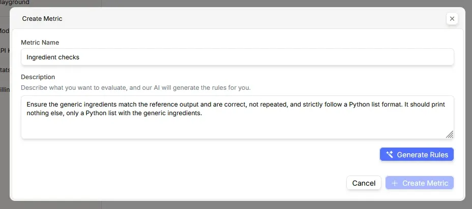 PremAI interface showing metric creation and rule generation.