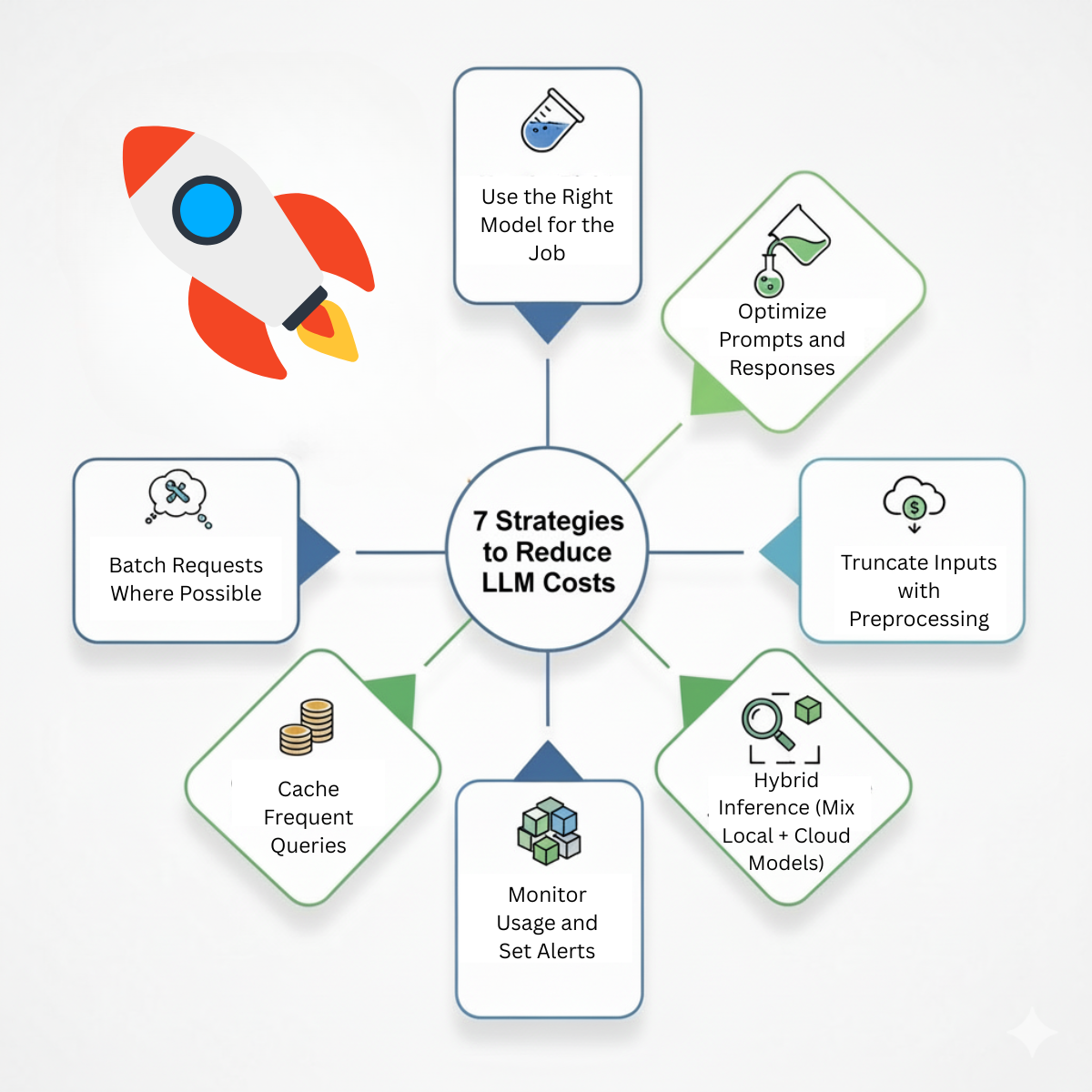 Infographic showing 7 strategies to reduce LLM costs with icons