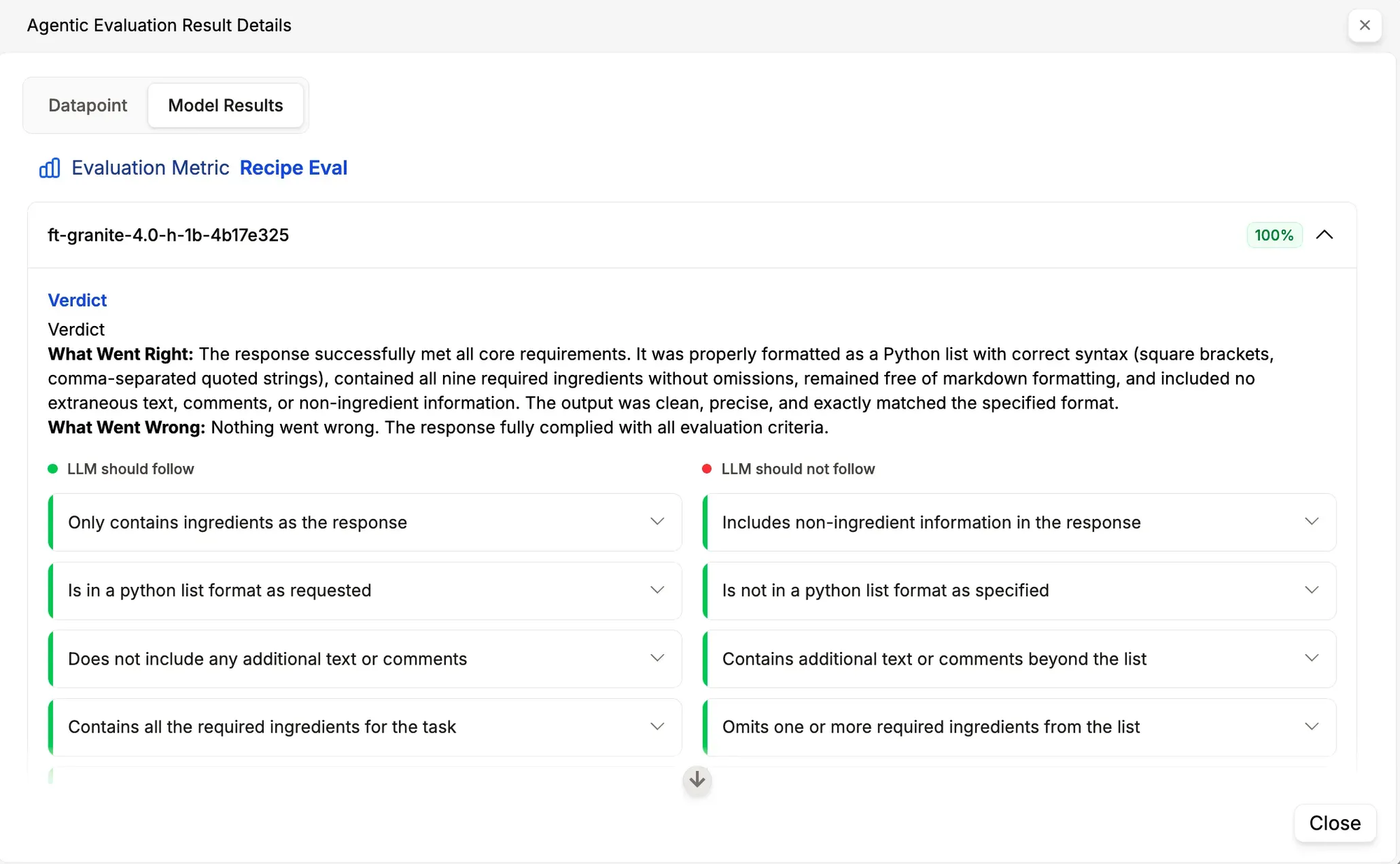 PremAI evaluation verdict showing rubric checks and model score for recipe task