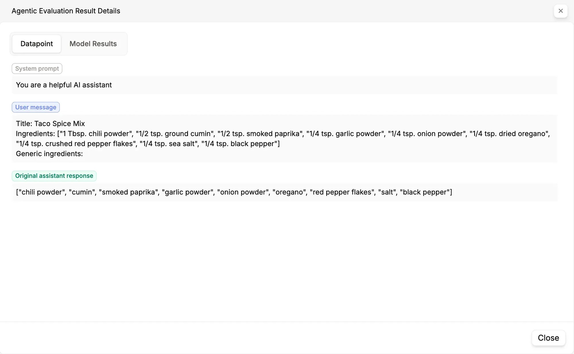 PremAI evaluation details showing user prompt, recipe input, and model output